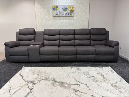 Willow Grey Easy Clean Fabric 5 Seater Sofa With Drinks Console | Fold Down Tray Table, High Headrest & Seating Position Couch