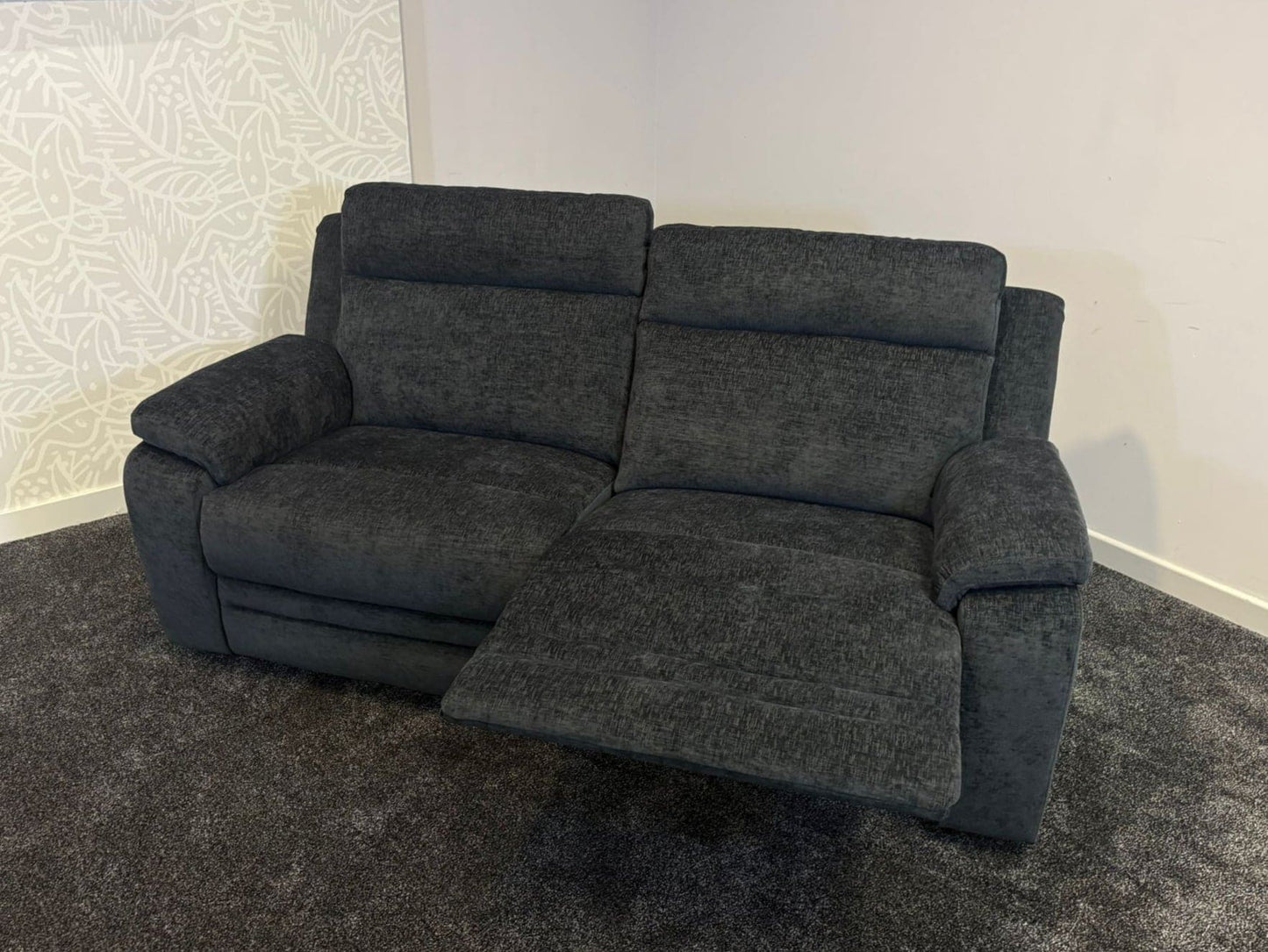 "Barretta" Electric / Power Reclining Grey Fabric Sofa Set - USB Charging & Drinks Tray Table