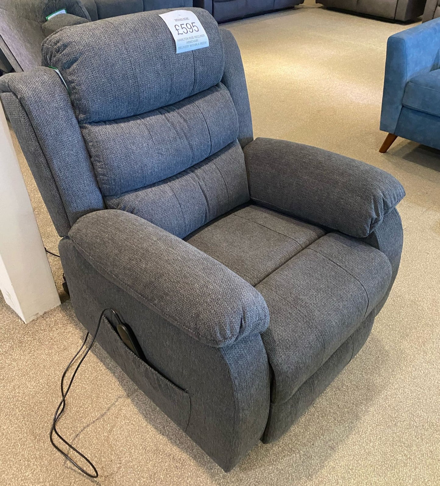 Electric Lewson Grey Fabric Rise & Recliner 1 Seater Sofa / Armchair