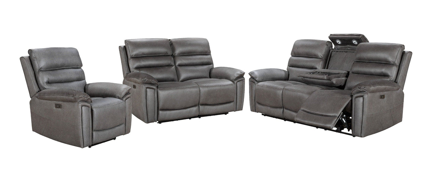 Donald Grey Suede Fabric Electric / Power Reclining Sofa Range Suite Set With USB Charging Ports & Drop Down Tray Table