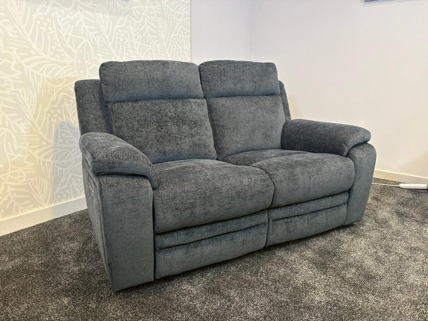 "Barretta" Electric / Power Reclining Grey Fabric Sofa Set - USB Charging & Drinks Tray Table