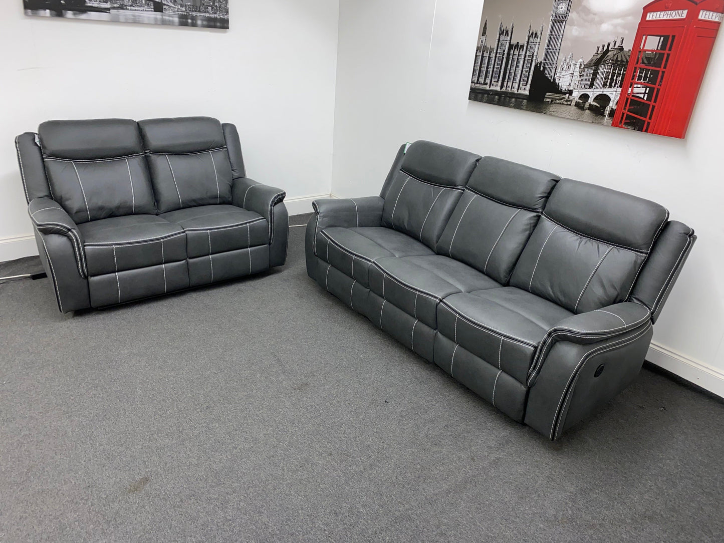 " Sloane Vision " Grey Water Resistant Microfibre Fabric 3 + 2 Seater Electric / Power Recliner Sofa Suite Set With USB Ports & Drop Down Tray Table | Couch |