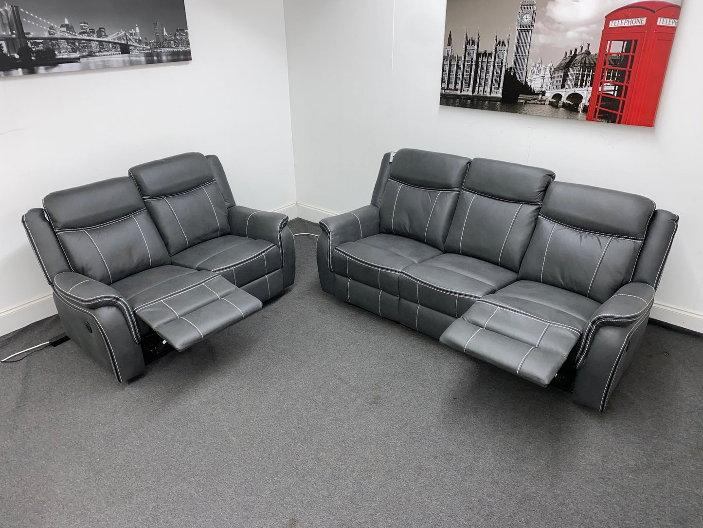 " Sloane Vision " Grey Water Resistant Microfibre Fabric 3 + 2 Seater Electric / Power Recliner Sofa Suite Set With USB Ports & Drop Down Tray Table | Couch |