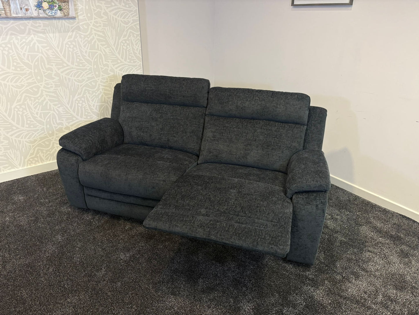 "Barretta" Electric / Power Reclining Grey Fabric Sofa Set - USB Charging & Drinks Tray Table
