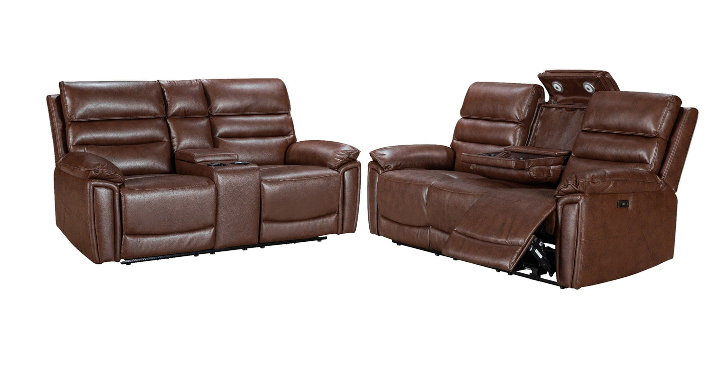 Donald Brown Leather Electric / Power Reclining 3 Seater + 2 Seater Sofa Set With USB Charging Ports & Drop Down Tray Table