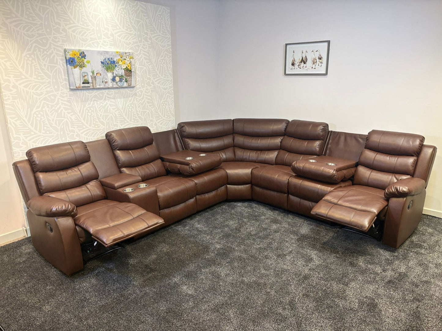 "Lando" Brown Leather 3C3C Recliner Corner Sofa Reversible | Drinks Tray Table | Modular