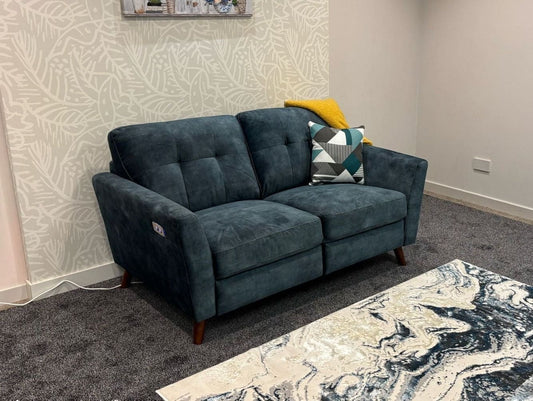 DFS Electric Recliner Ocean / Blue Plush Velvet Fabric 2 Seater Sofa + armchair