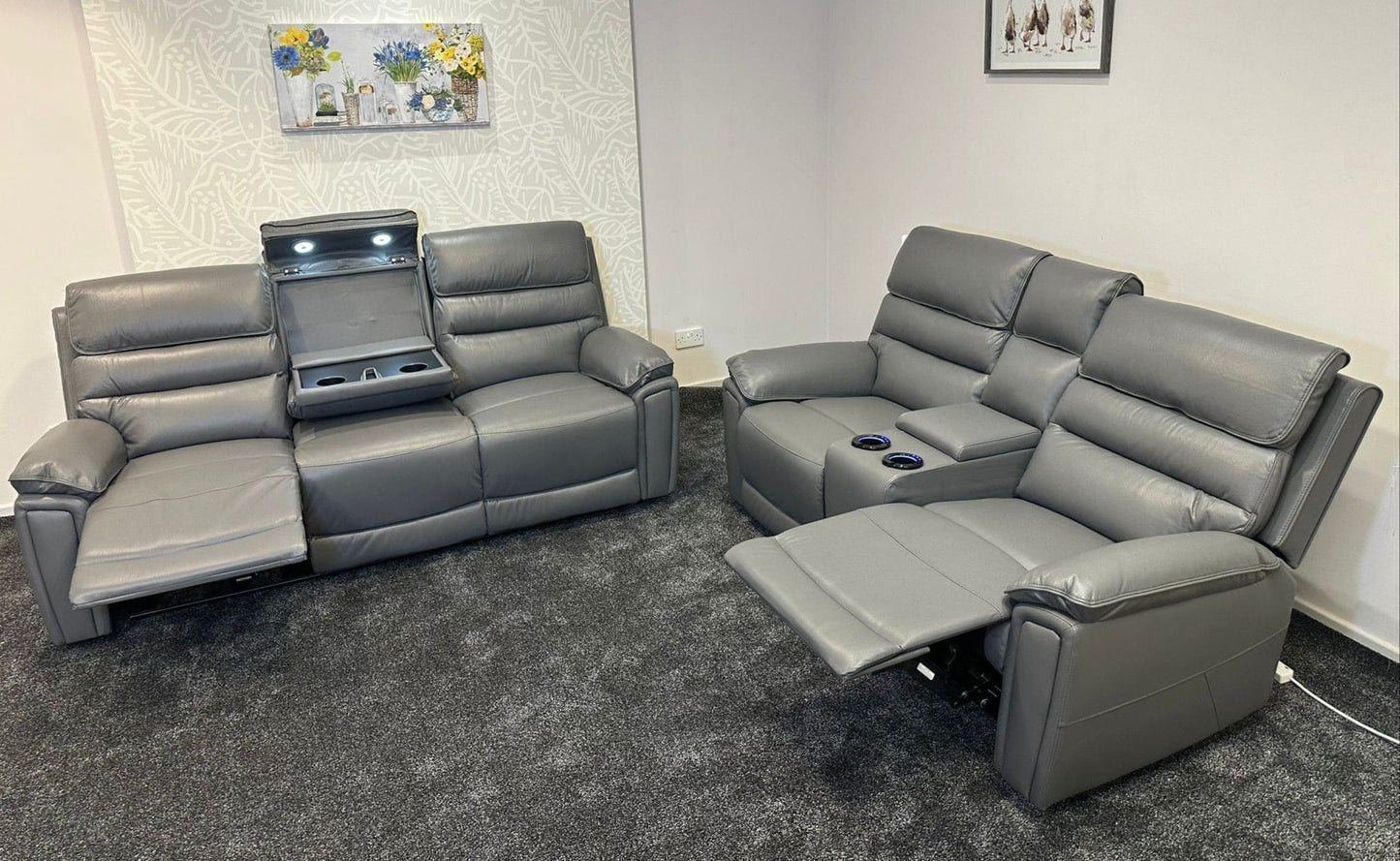Donald Grey Leather Electric / Power Reclining 3 Seater + 2 Seater Sofa Suite Set With Drinks Coolers USB Charging Ports & Drop Down Tray Table