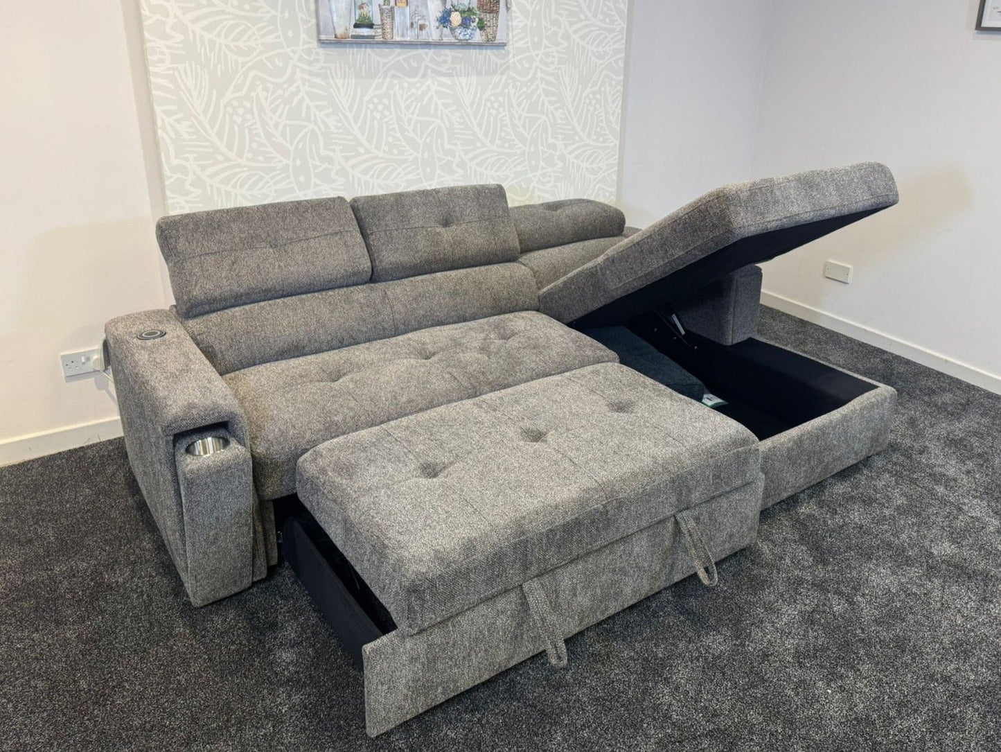 RHF Grey Fabric Sofa Bed + Storage Ottoman + Adjustable Headrests + Drinks Holder + Wireless Charger