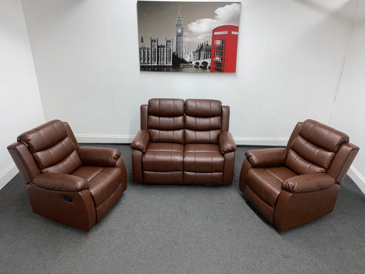 ' Lando ' Brown Leather Reclining 2 Seater + 2 Armchairs Sofa Suite Set
