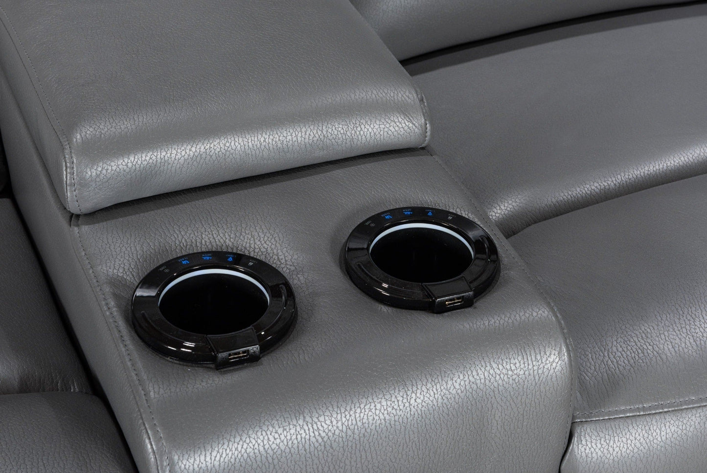 Donald Grey Leather Electric / Power Reclining 3 Seater + 2 Seater Sofa Suite Set With Drinks Coolers USB Charging Ports & Drop Down Tray Table