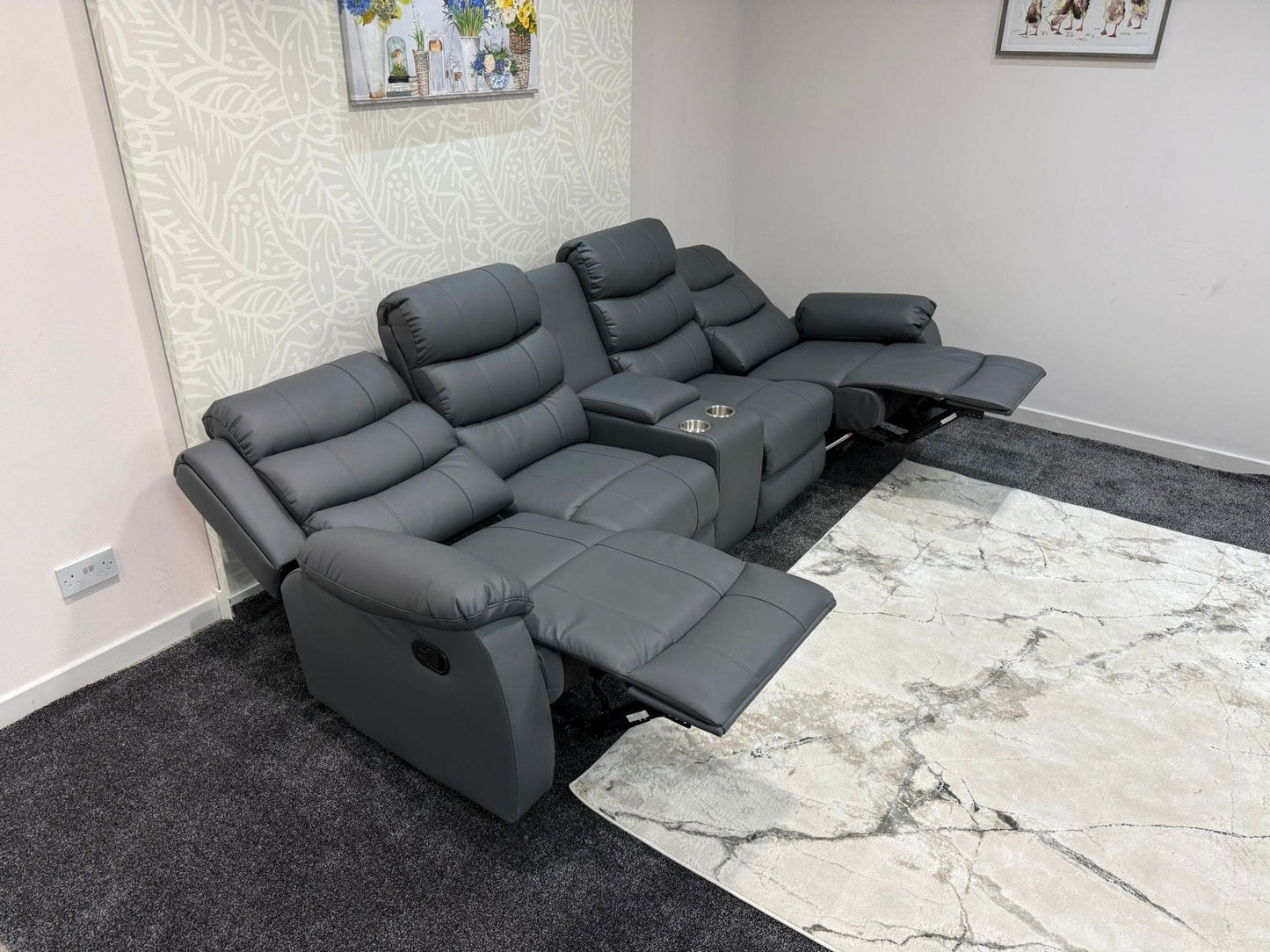 Lando Grey Leather 4 Seater Sofa With Drinks Console | Fold Down Tray Table, High Headrest & Seating Position Couch