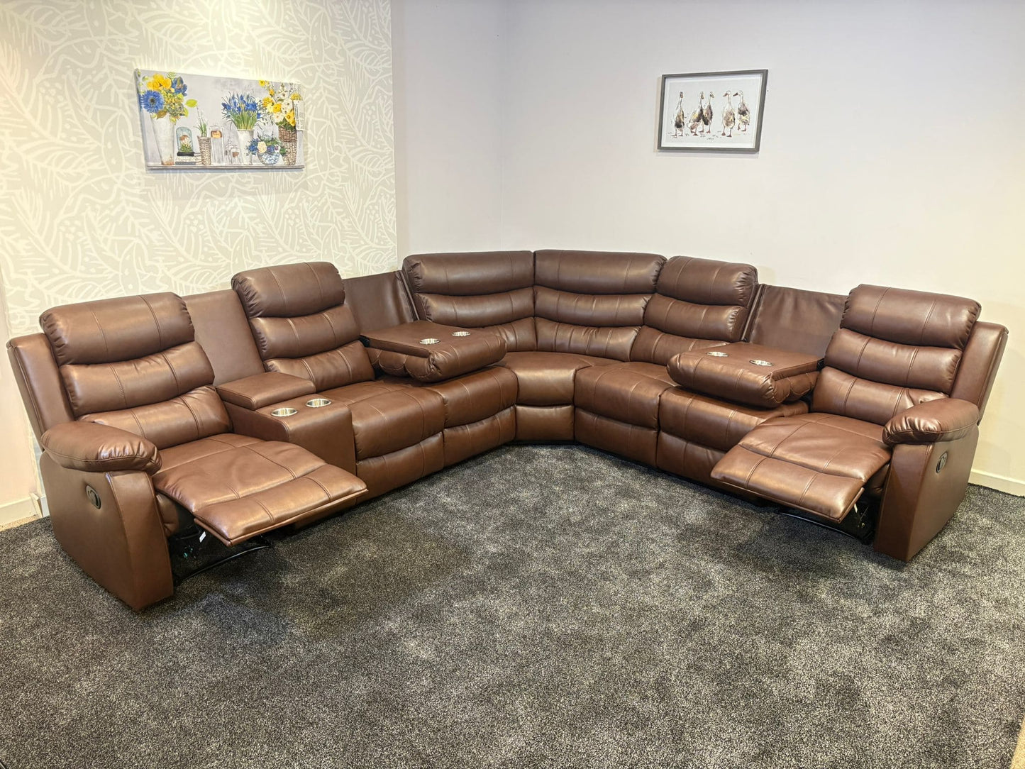 "Lando" Brown Leather 3C3C Recliner Corner Sofa Reversible | Drinks Tray Table | Modular