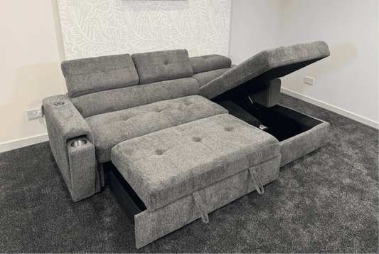 "Heatons" SOFA BED - Grey Fabric Corner Sofa / Sofa Bed RHF With Storage Ottoman + Adjustable Headrests + Drinks Holder + Wireless Charger + Drinks Holder