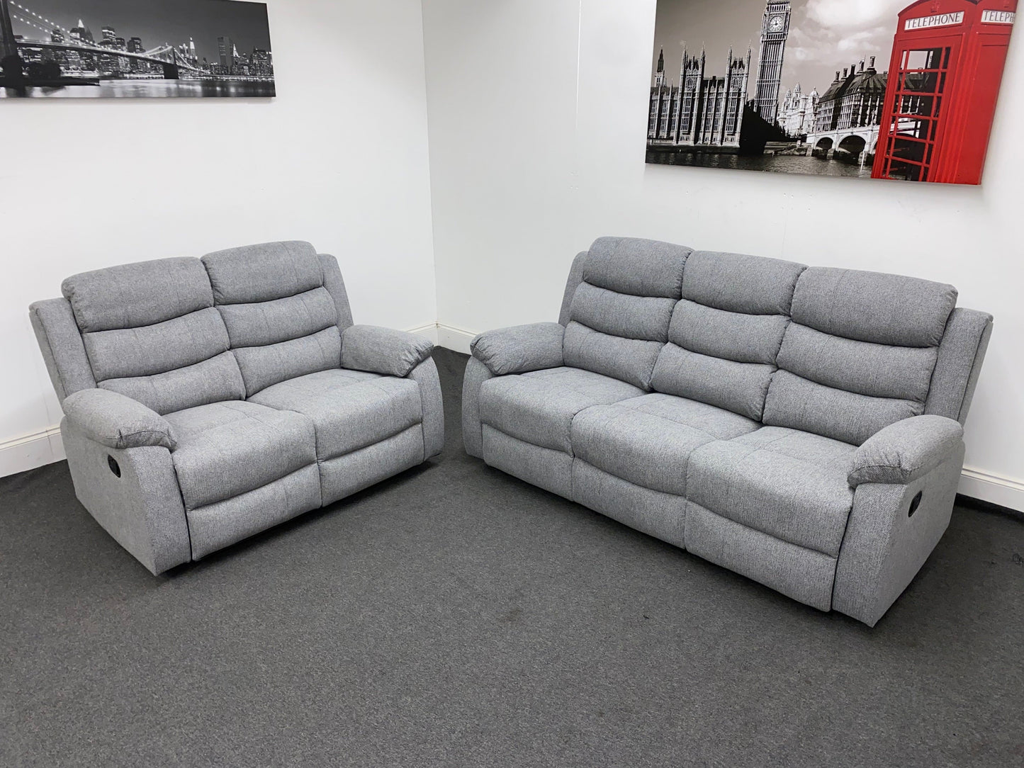 ‘Lewson’ Reclining Grey Fleck Fabric 3 Seater + 2 Seater Sofa Set + Drinks Tray Table | Couch |