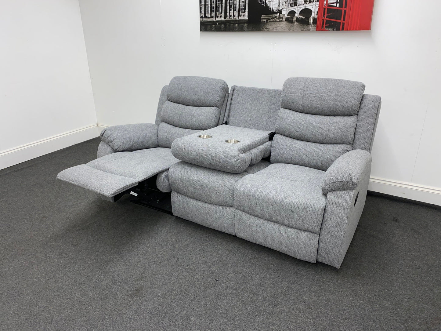 SPECIAL OFFER "Lewson" Manual Reclining Grey Fleck Fabric Sofa Set + Drinks Tray Table