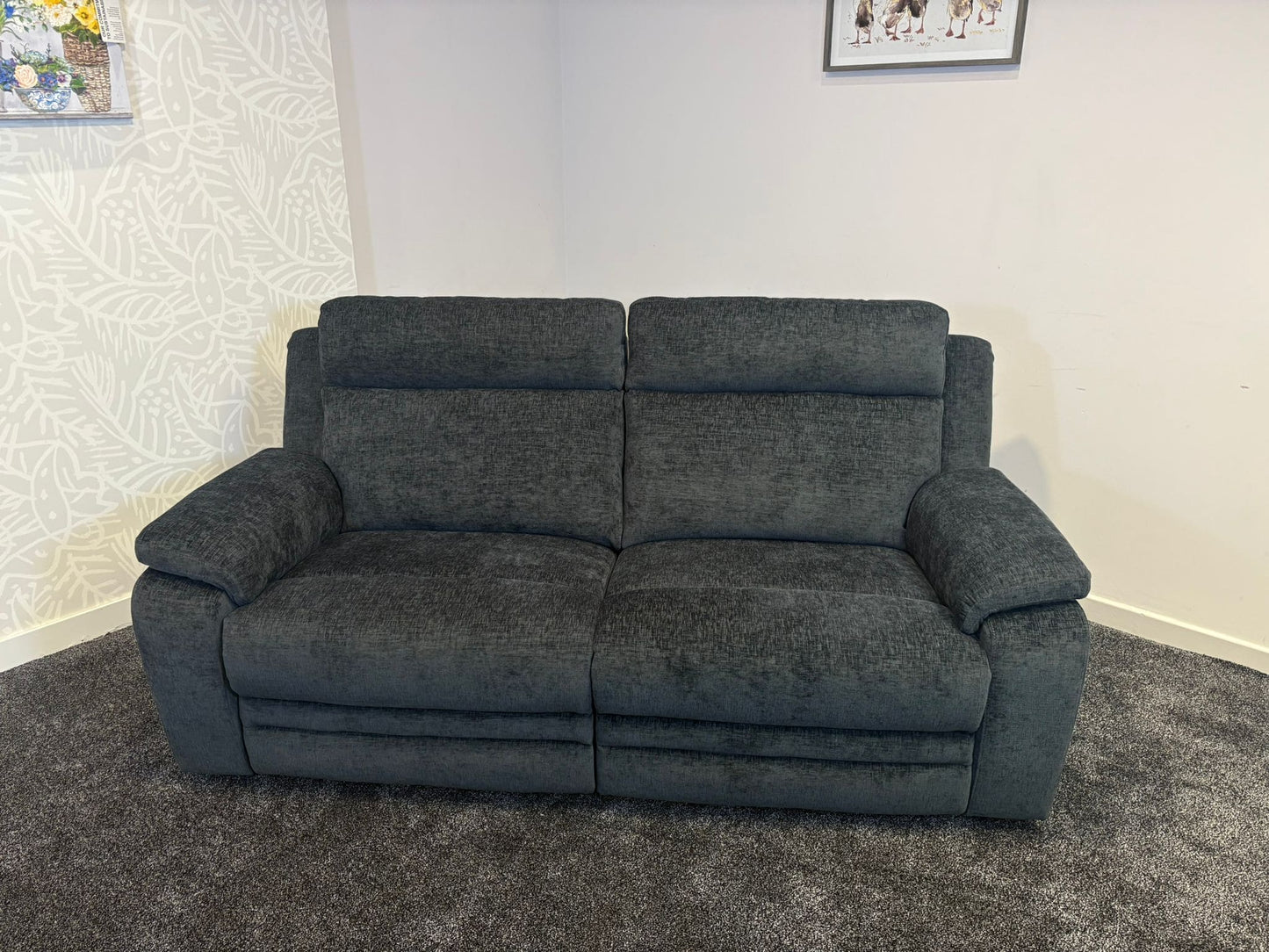 "Barretta" Electric / Power Reclining Grey Fabric Sofa Set - USB Charging & Drinks Tray Table