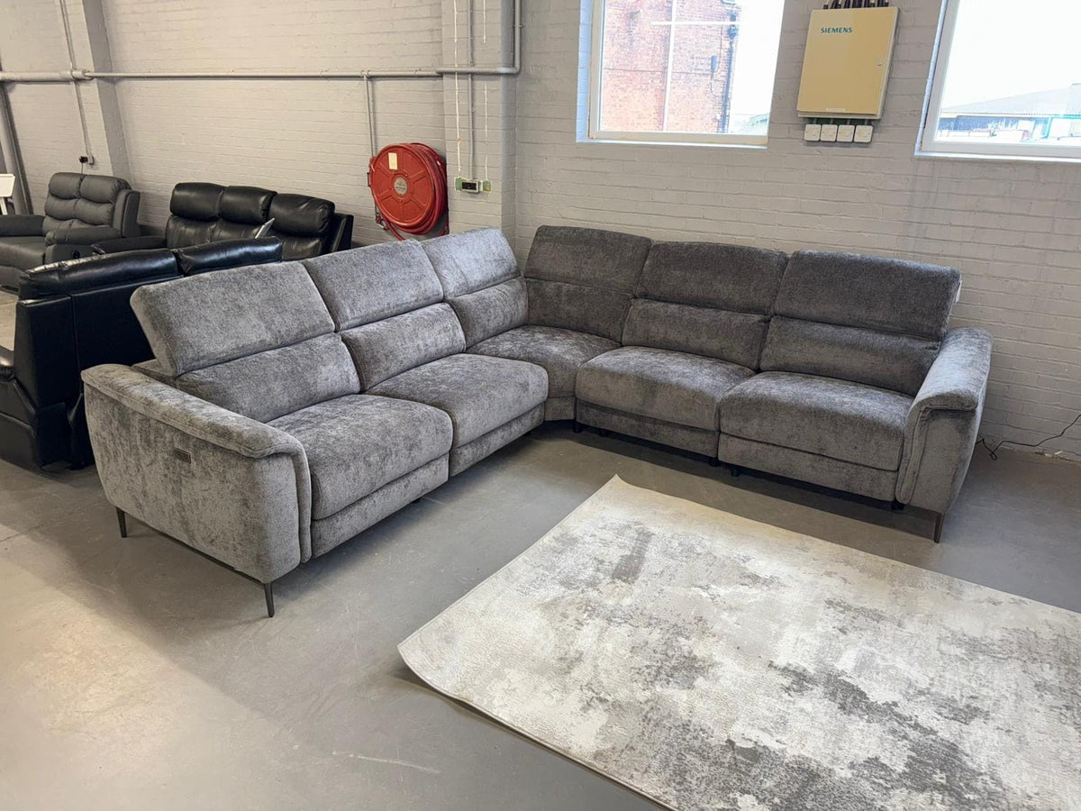 Beckham 2c2 Electric Recliner Grey Fabric Corner Sofa With Adjustable Headrests