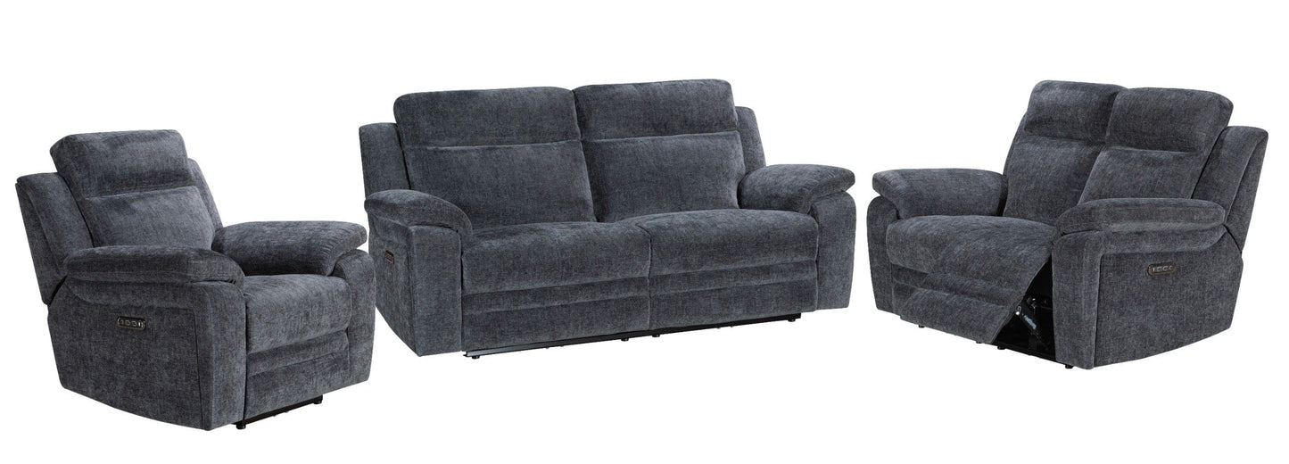 "Barretta" Electric / Power Reclining Grey Fabric Sofa Set - USB Charging & Drinks Tray Table