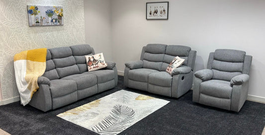 SPECIAL OFFER "Lewson" Manual Reclining Grey Fleck Fabric Sofa Set + Drinks Tray Table