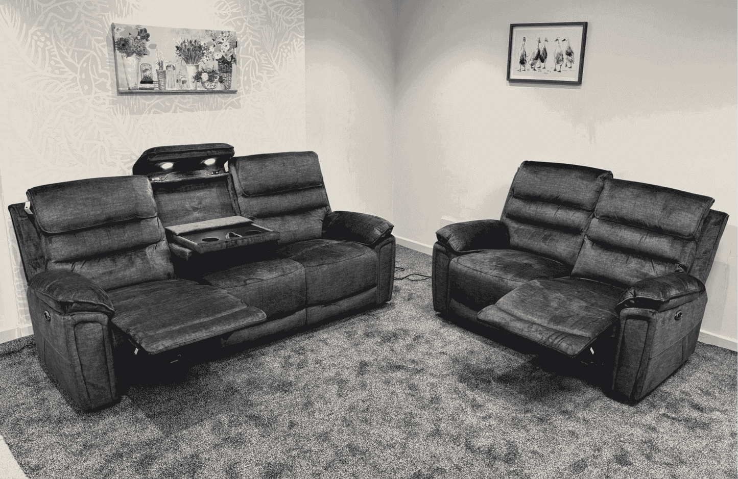 The “ Donald " Electric / Power Reclining Charcoal Grey Fabric Sofa Set - USB Charging & Drinks Tray Table Plus High Seating & Backrest Position | Couch |