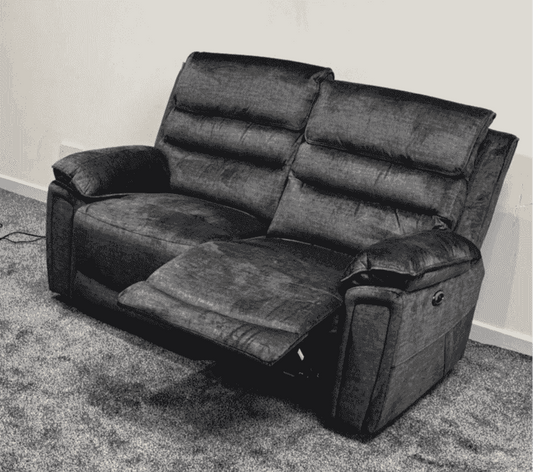 The “ Donald " Electric / Power Reclining Charcoal Grey Fabric 2 Seater Sofa + Armchair Set - USB Charging & Drinks Tray Table Plus High Seating & Backrest Position