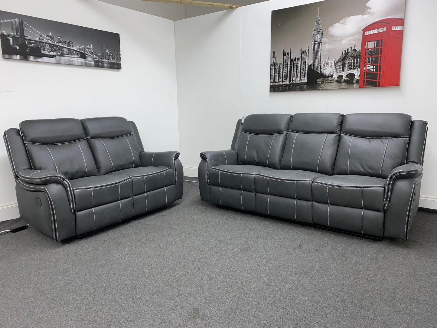 " Sloane Vision " Grey Water Resistant Microfibre Fabric 3 + 2 Seater Electric / Power Recliner Sofa Suite Set With USB Ports & Drop Down Tray Table | Couch |