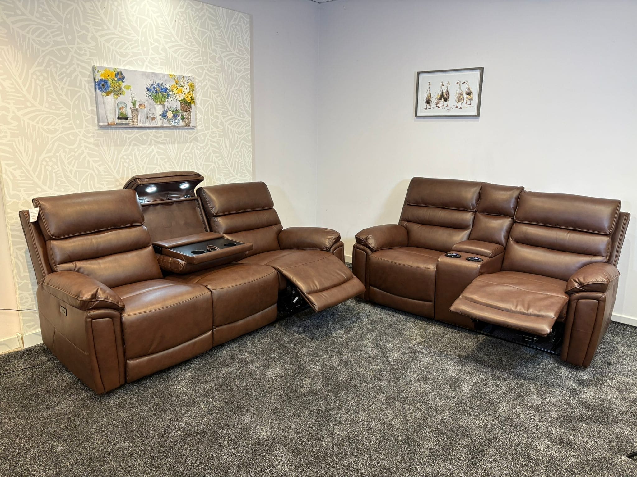 Donald Brown Leather Electric / Power Reclining 3 Seater + 2 Seater Sofa Set With USB Charging Ports & Drop Down Tray Table