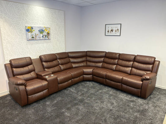 "Lando" Brown Leather 3C3C Recliner Corner Sofa Reversible | Drinks Tray Table | Modular
