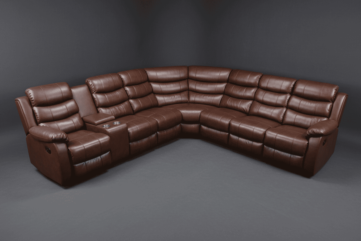 "Lando" Brown Leather 3C3C Recliner Corner Sofa Reversible | Drinks Tray Table | Modular