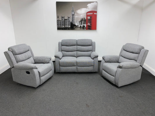 ‘Lewson’ Grey Fleck Fabric Recliner 2 + 1 + 1 Seater Sofa & Armchair Suite Set | Couch |
