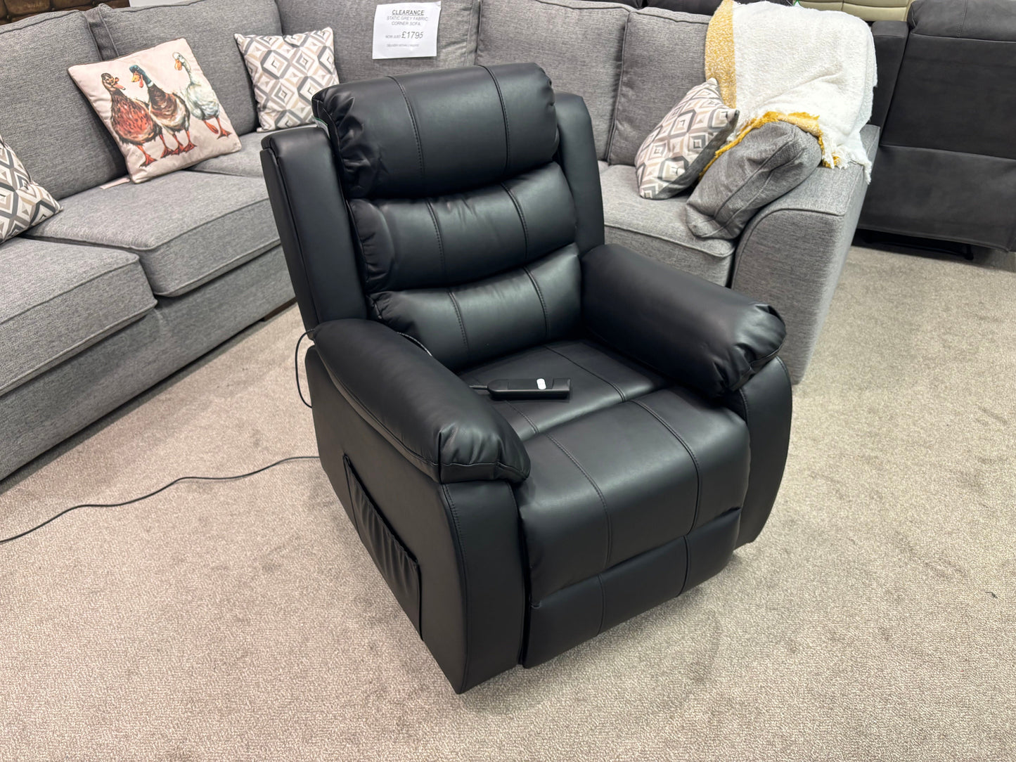 Dual Motor Electric Lando Black Leather Rise & Recliner 1 Seater Sofa / Armchair