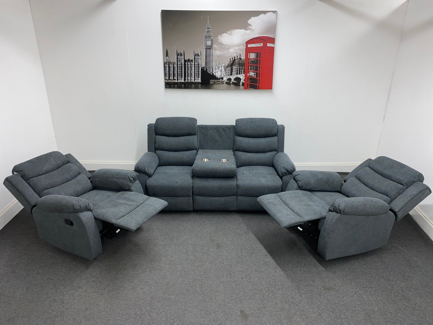 ‘Lewson’ Charcoal Grey Fabric Recliner 3 + 1 + 1 Seater with Drinks Tray Table