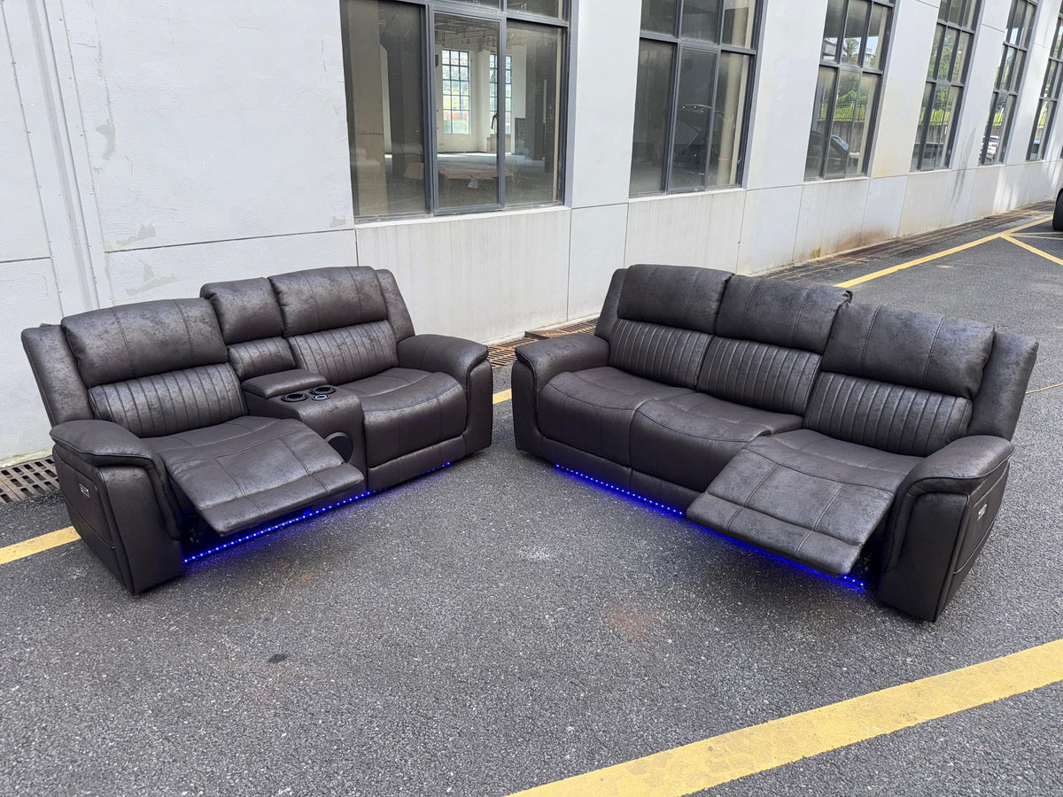 Pre Order Promo Deal! Geneva Charcoal Grey Easy Clean Suede Fabric 3 Seater + 2 Seater With Tech Console + Armchair Set