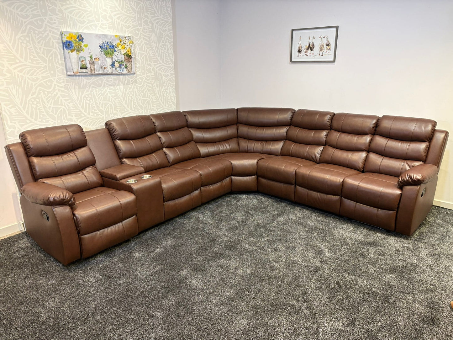 "Lando" Brown Leather 3C3C Recliner Corner Sofa Reversible | Drinks Tray Table | Modular
