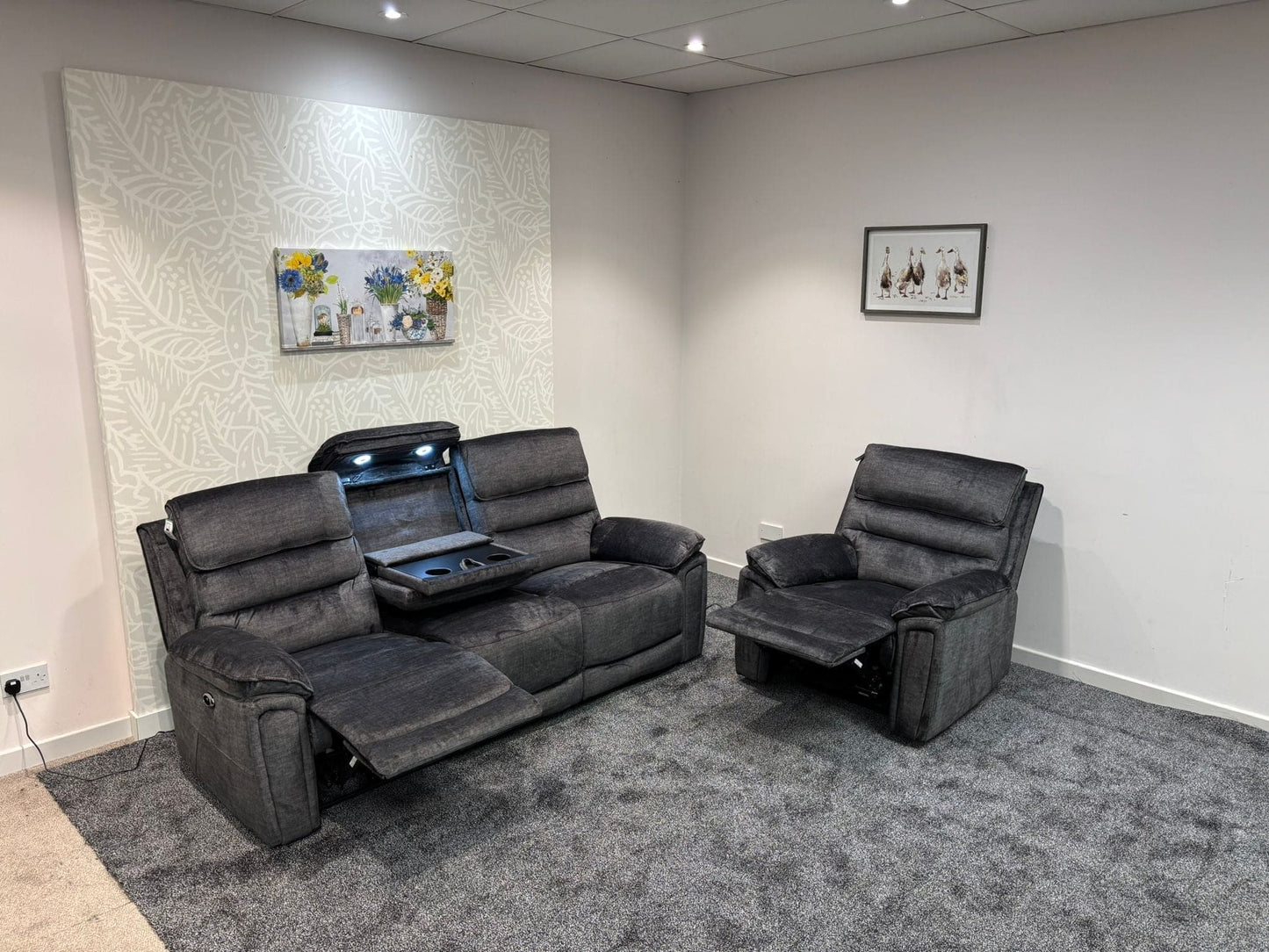 The “ Donald " Electric / Power Reclining Charcoal Grey Fabric Sofa Set - USB Charging & Drinks Tray Table Plus High Seating & Backrest Position | Couch |