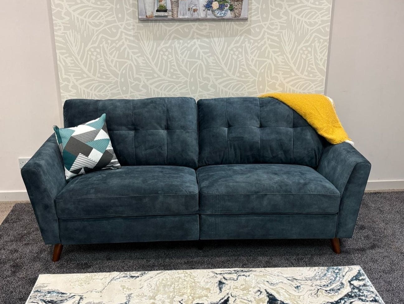 DFS Electric Recliner Ocean / Blue Plush Velvet Fabric 3 Seater Sofa + Armchair