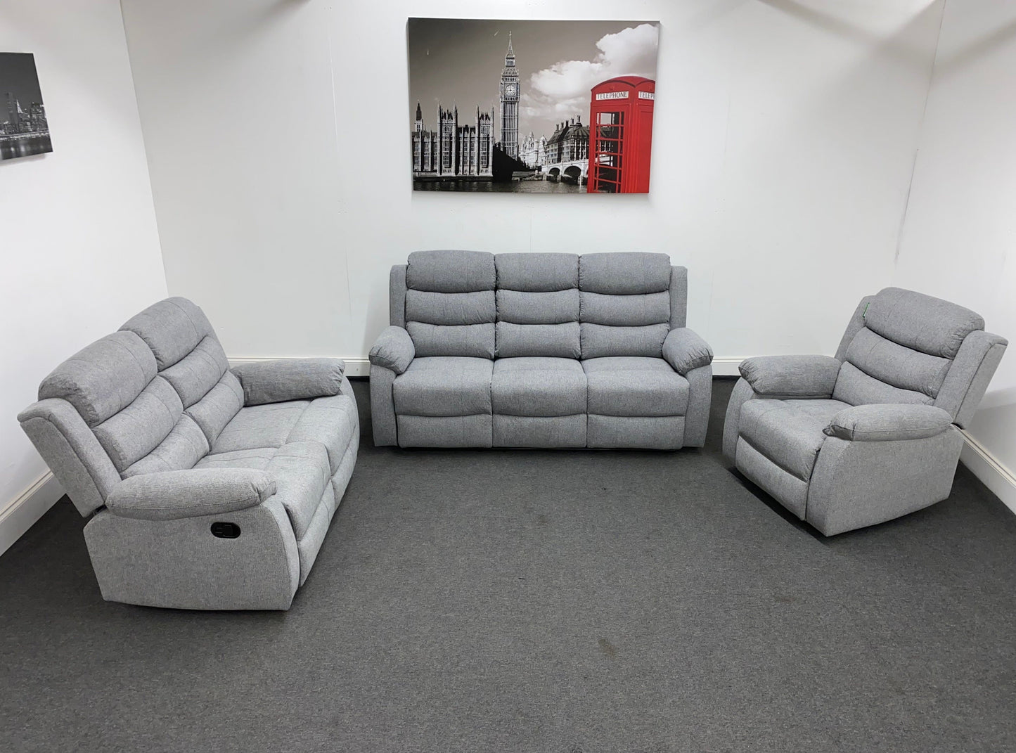 SPECIAL OFFER "Lewson" Manual Reclining Grey Fleck Fabric Sofa Set + Drinks Tray Table