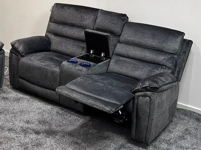 The “ Donald " Electric / Power Reclining Charcoal Grey Fabric 2 Seater Tech Sofa - USB Charging & Drinks Coolers Plus High Seating & Backrest Position | Couch |