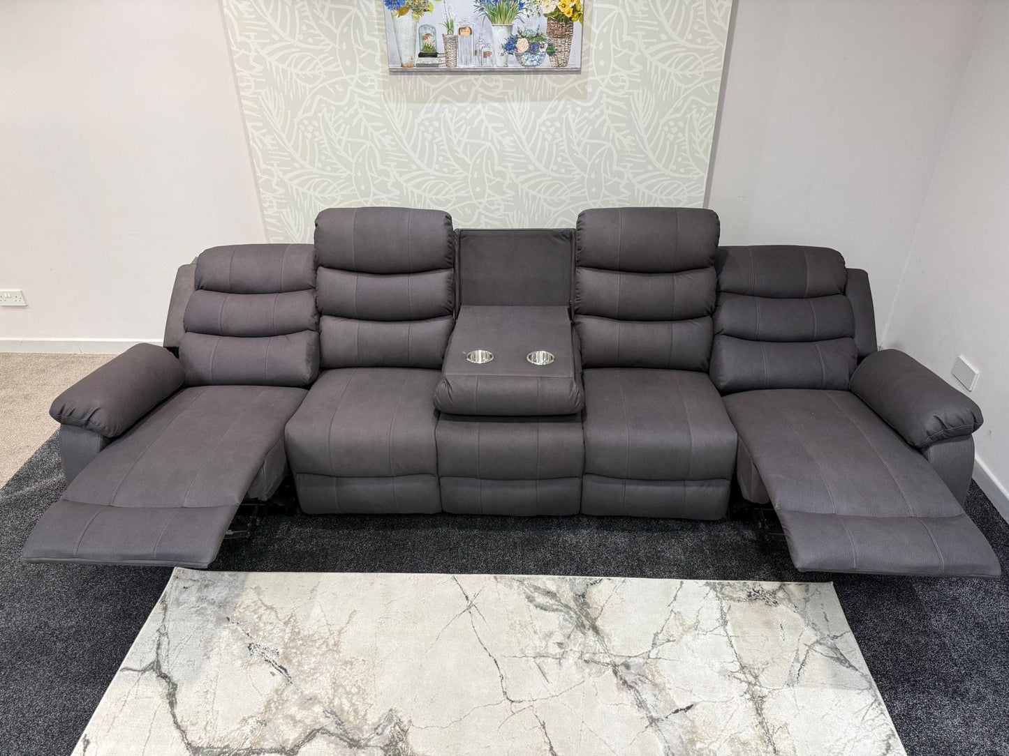 Willow Grey Easy Clean Fabric 5 Seater Sofa | 2 x Fold Down Tray Table, High Headrest & Seating Position Couch