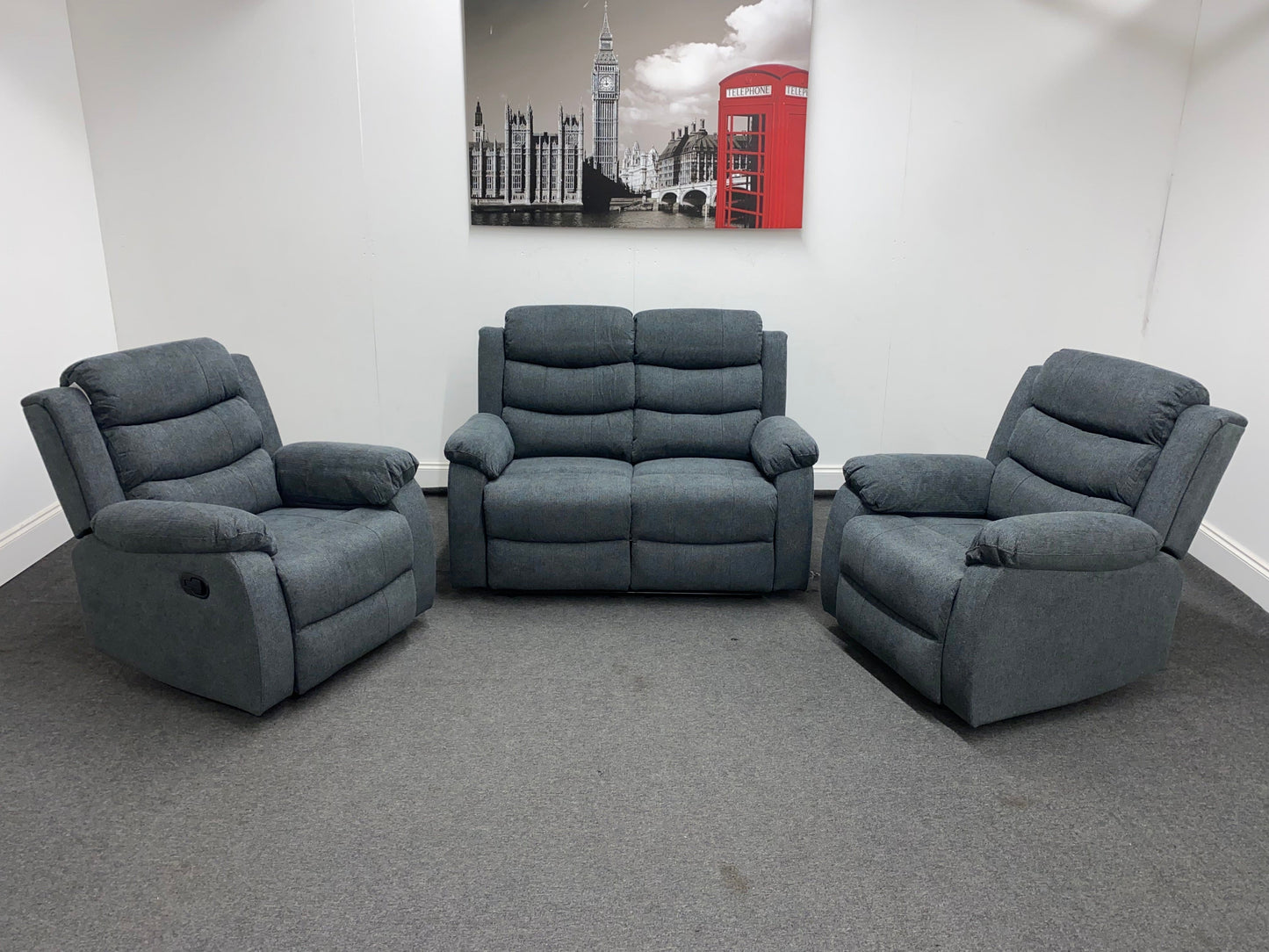 ‘Lewson’ Charcoal Grey Fabric Recliner 2 + 1 + 1 Seater Sofa + Armchair Sofa Suite Set | Couch |