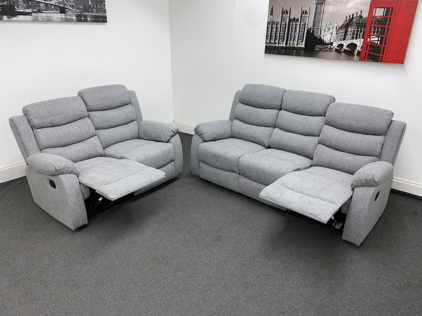 ‘Lewson’ Reclining Grey Fleck Fabric 3 Seater + 2 Seater Sofa Set + Drinks Tray Table | Couch |