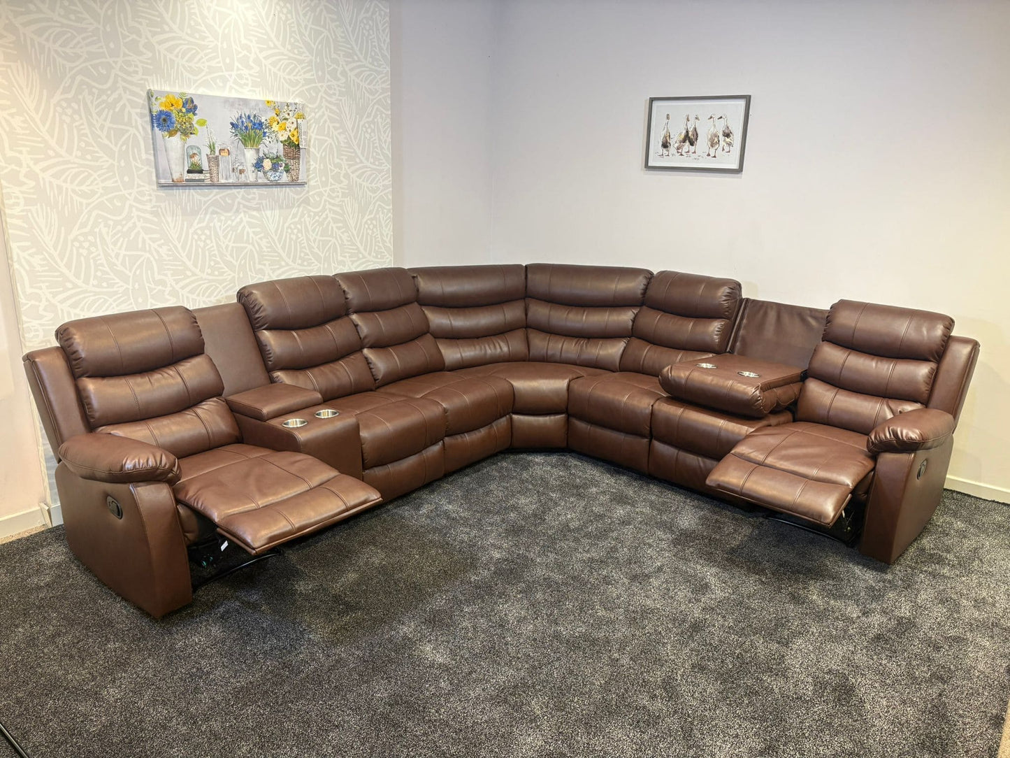 "Lando" Brown Leather 3C3C Recliner Corner Sofa Reversible | Drinks Tray Table | Modular