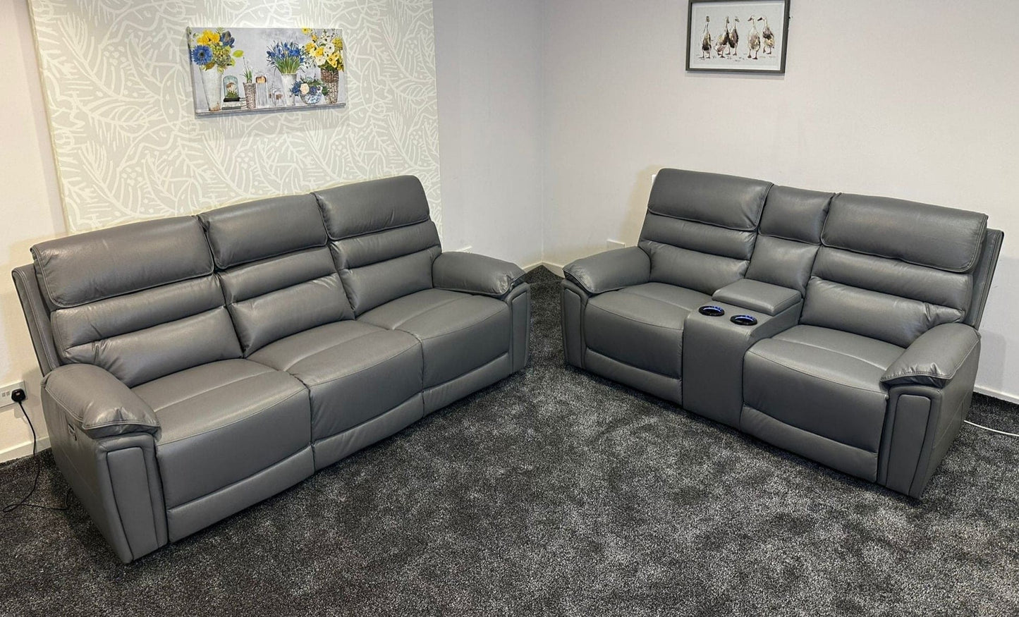 Donald Grey Leather Electric / Power Reclining 3 Seater + 2 Seater Sofa Suite Set With Drinks Coolers USB Charging Ports & Drop Down Tray Table