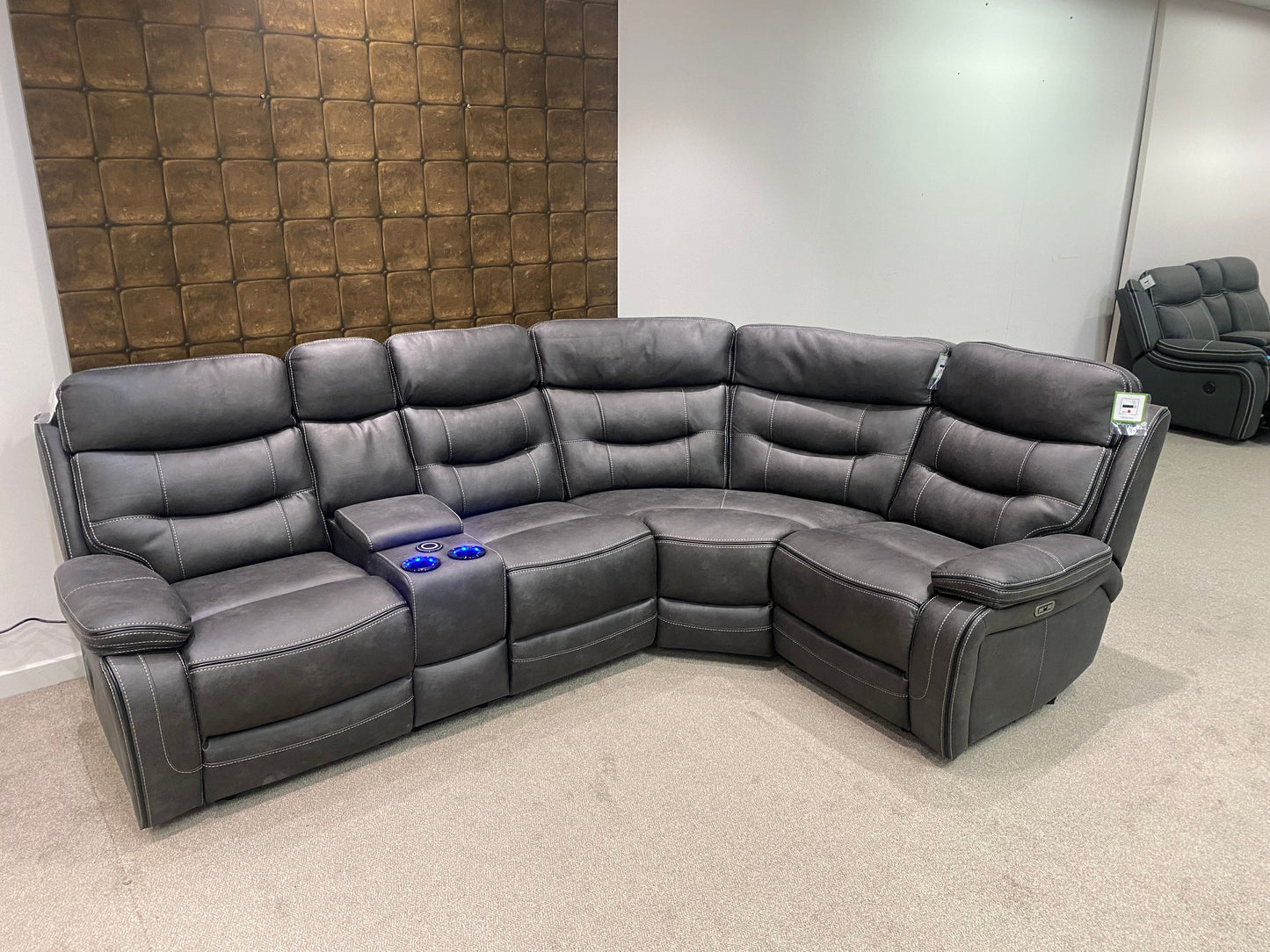 Cinema LHF Corner Sofa | Power Headrests | Drinks Coolers | Wireless Charging | Bluetooth Speakers | Express Smart Tech Grey Fabric Power Recliner Corner Sofa