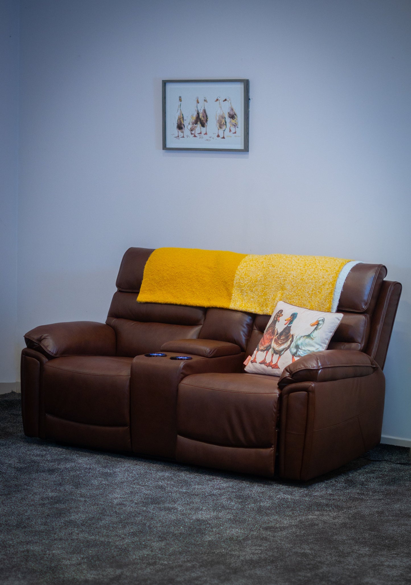 Donald Brown Leather Electric / Power Reclining 3 Seater + 2 Seater Sofa Set With USB Charging Ports & Drop Down Tray Table