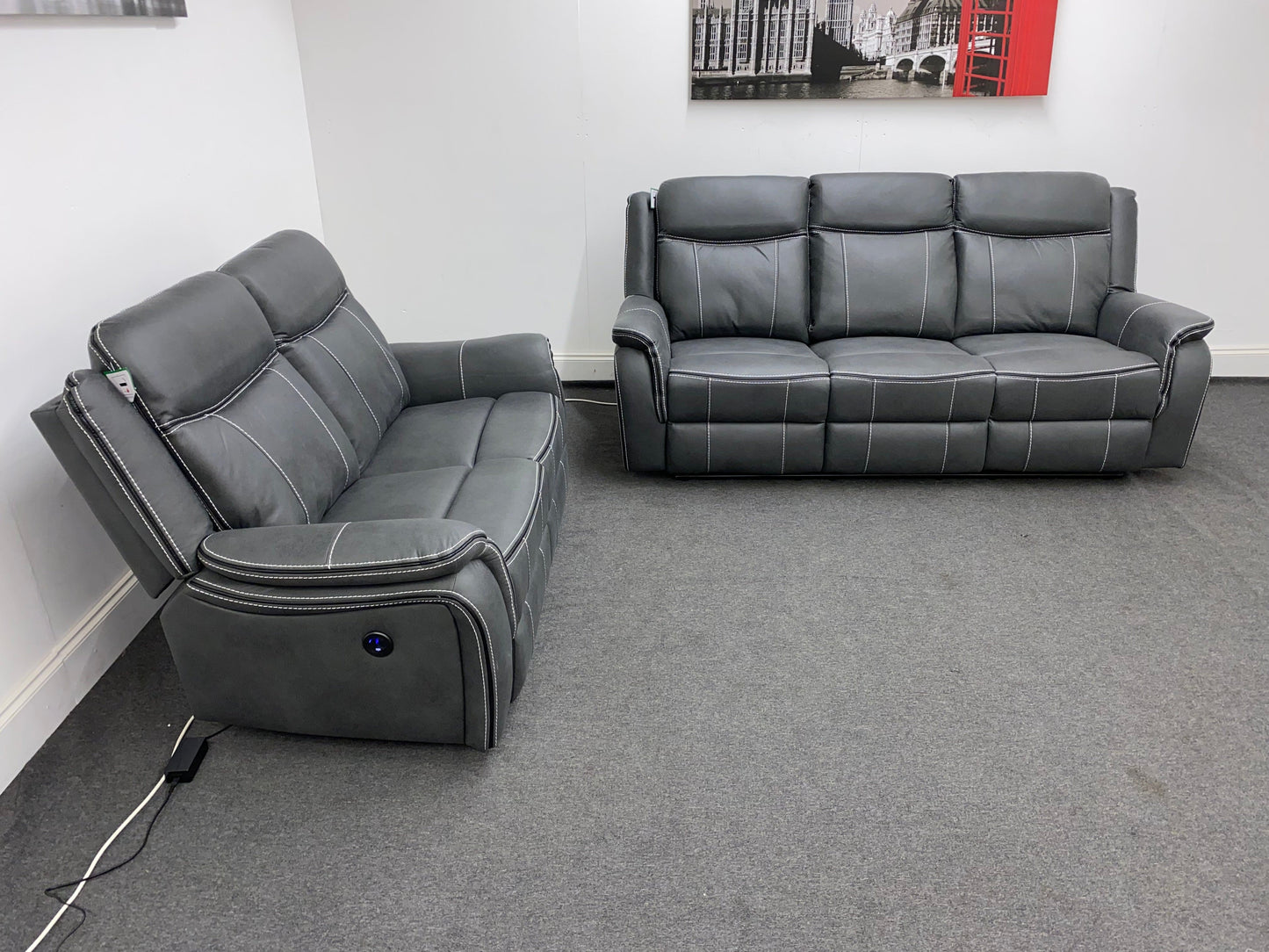 " Sloane Vision " Grey Water Resistant Microfibre Fabric 3 + 2 Seater Electric / Power Recliner Sofa Suite Set With USB Ports & Drop Down Tray Table | Couch |