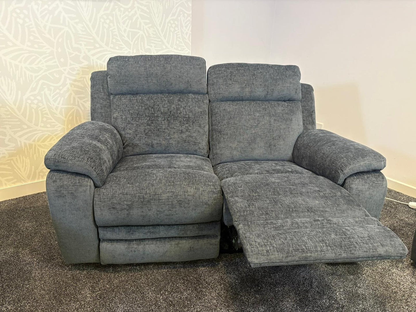 "Barretta" Electric / Power Reclining Grey Fabric Sofa Set - USB Charging & Drinks Tray Table