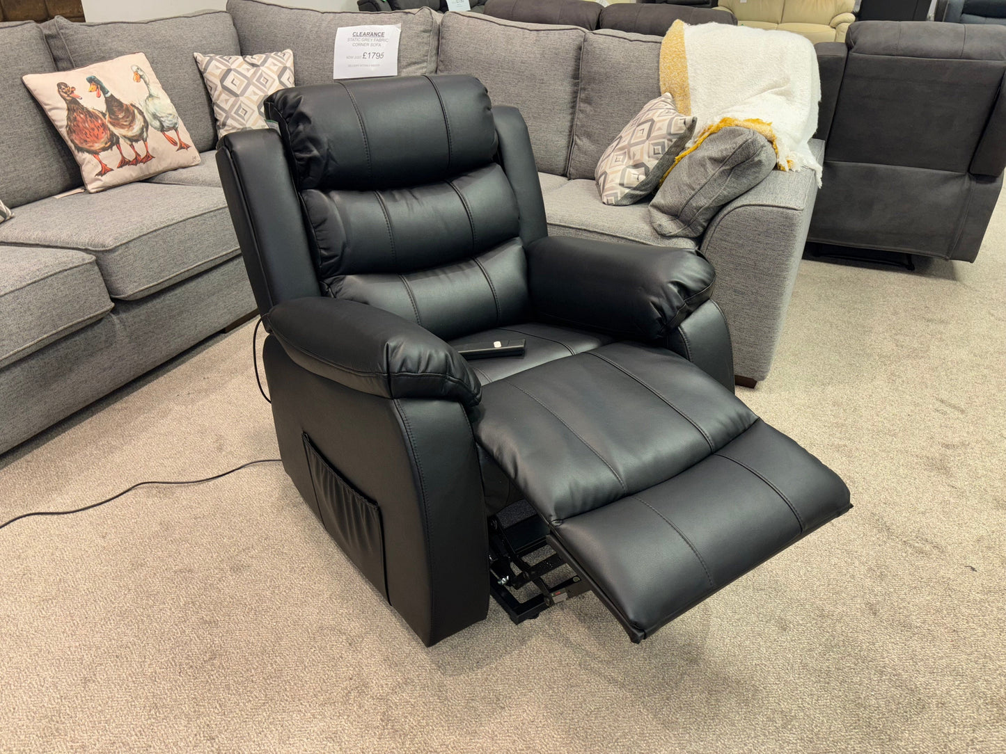 Dual Motor Electric Lando Black Leather Rise & Recliner 1 Seater Sofa / Armchair