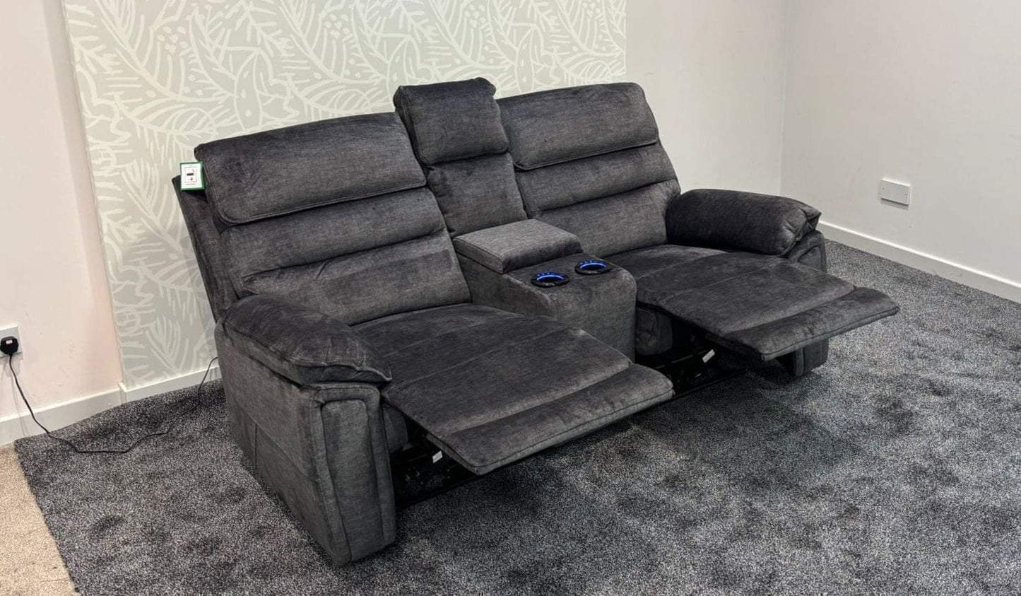 The “ Donald " Electric / Power Reclining Charcoal Grey Fabric 2 Seater Tech Sofa - USB Charging & Drinks Coolers Plus High Seating & Backrest Position | Couch |